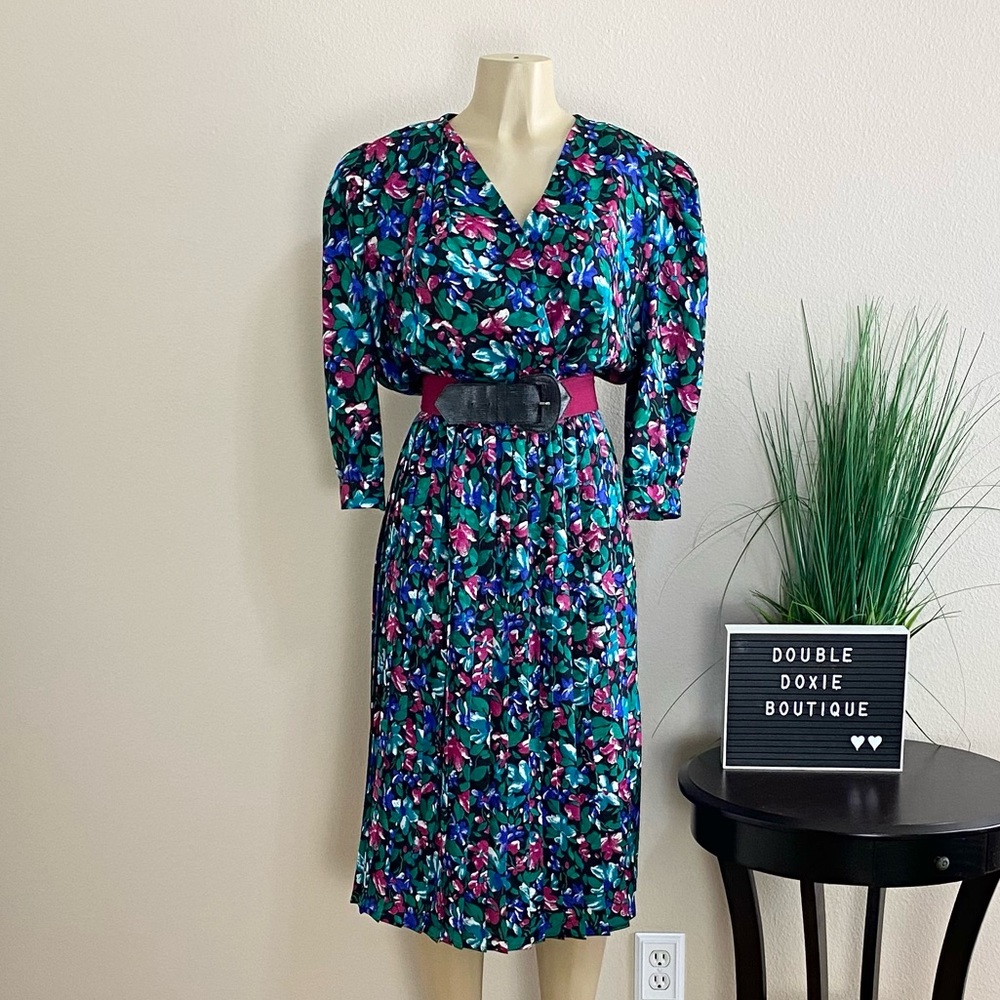 MAGGY | Vintage 80s Floral Pleated Belted Dress Sz 16